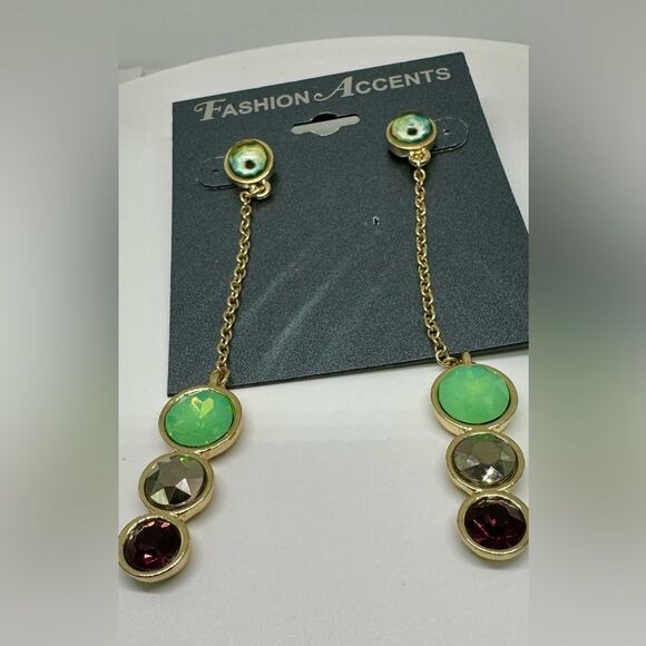 Gold Tone Green Hematite And Purple Stone with Chain Post Earrings 3.75 inch - Picture 1 of 7